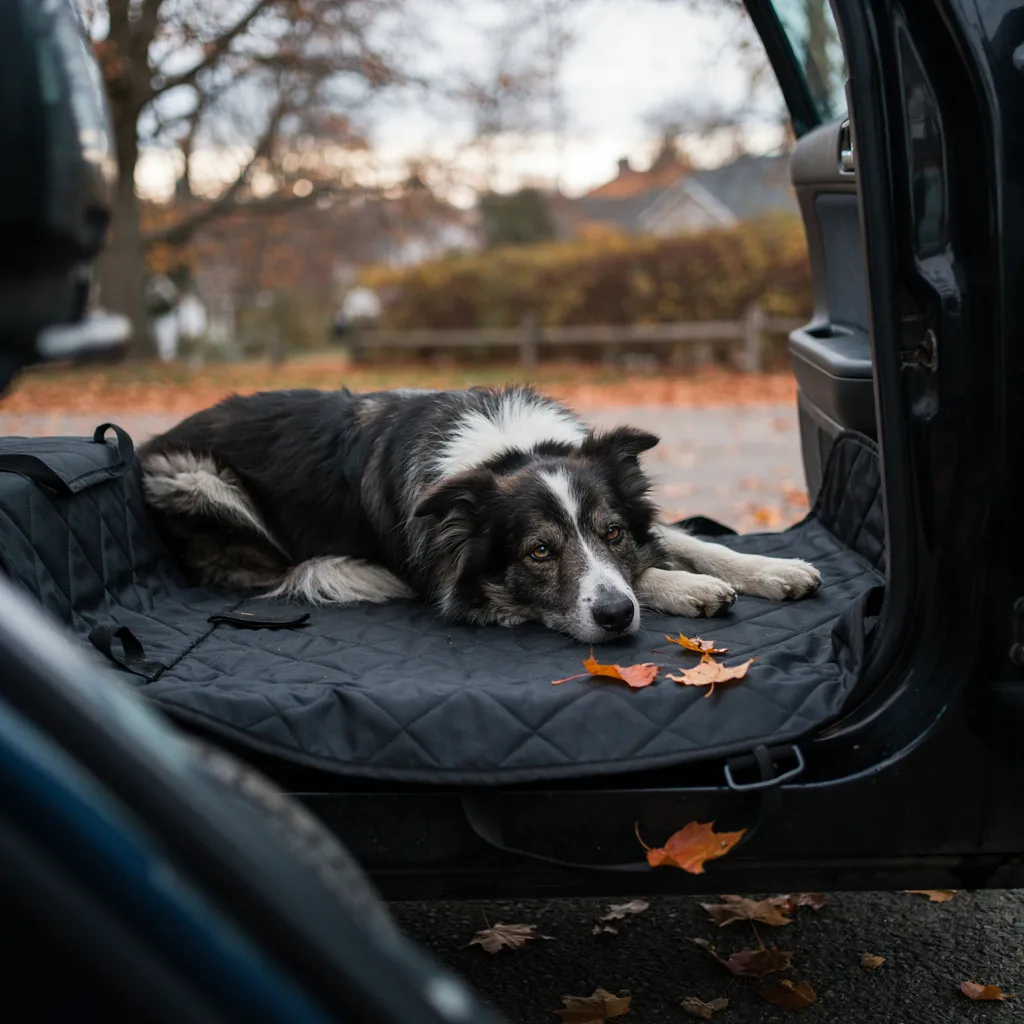 Un border collie âgé allongé sur une housse matelassée noire qui protège la banquette arrière, portière ouverte sur une rue d'automne