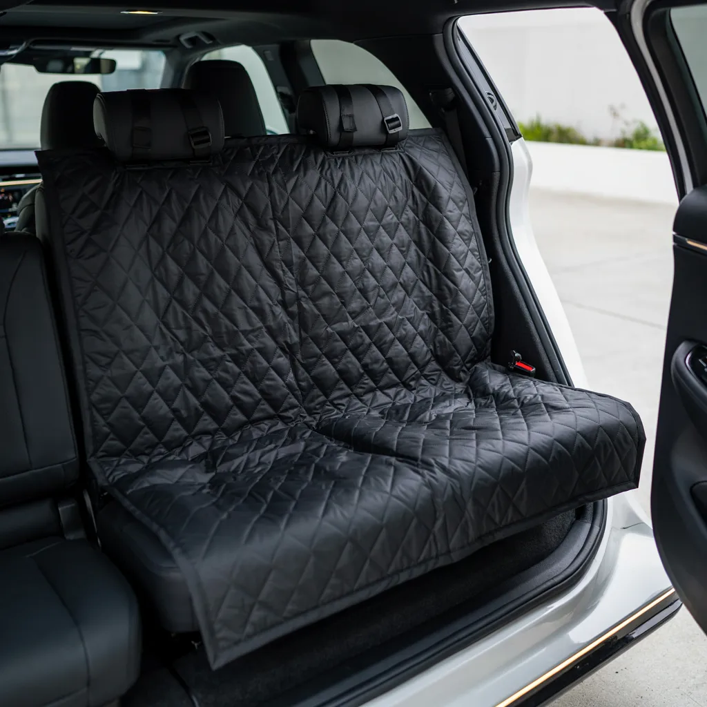 Housse imperméable noire matelassée en losanges couvrant l'assise et le dossier de la banquette arrière d'un SUV, portière ouverte