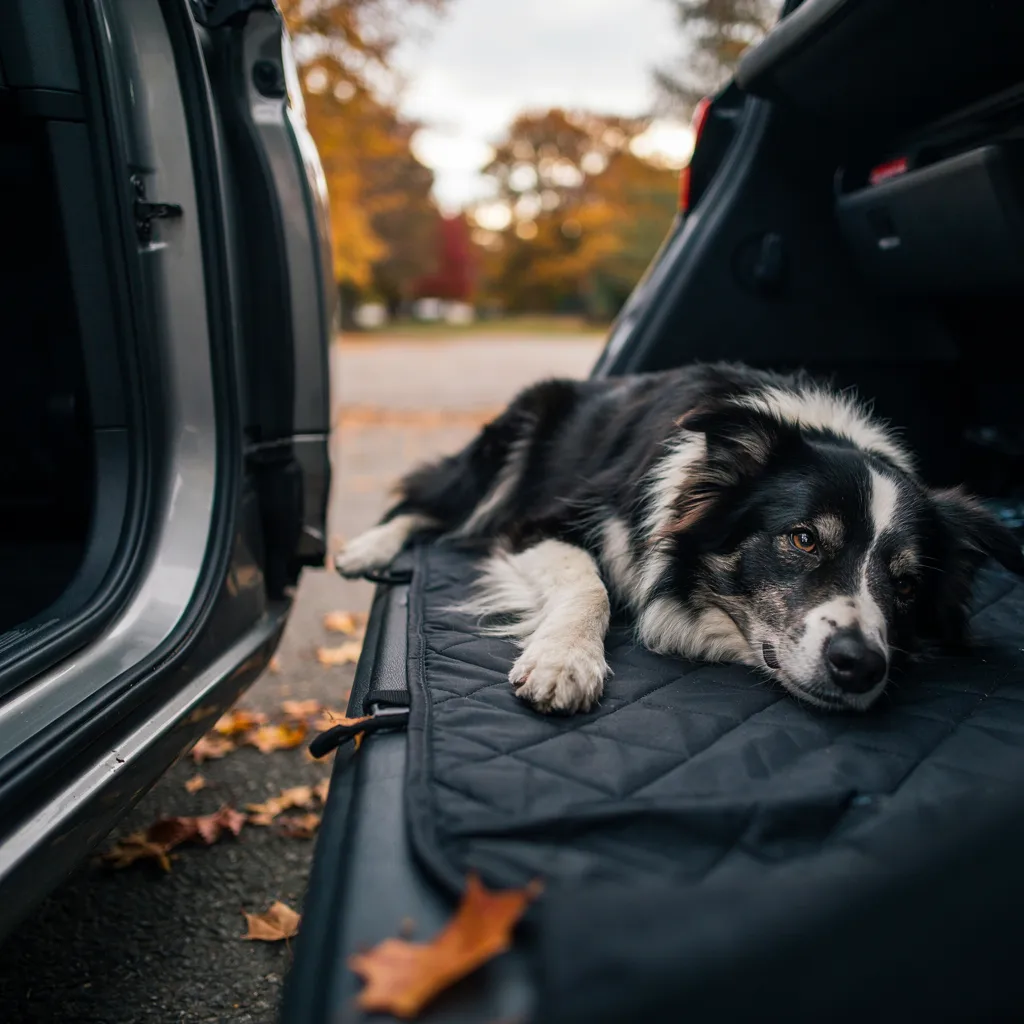 Un vieux border collie couché sur la housse imperméable noire posée dans la voiture, quelques feuilles mortes sur le tissu matelassé