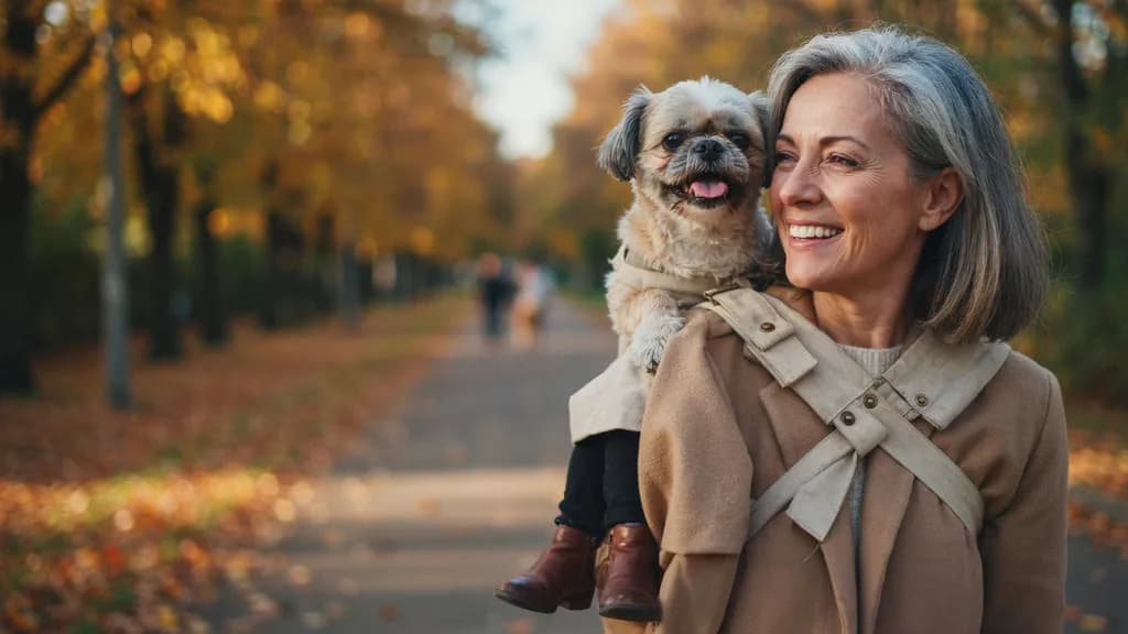 Un shih tzu âgé porté contre l'épaule d'une femme souriante aux cheveux gris, dans un sac bandoulière beige, sur une allée d'automne