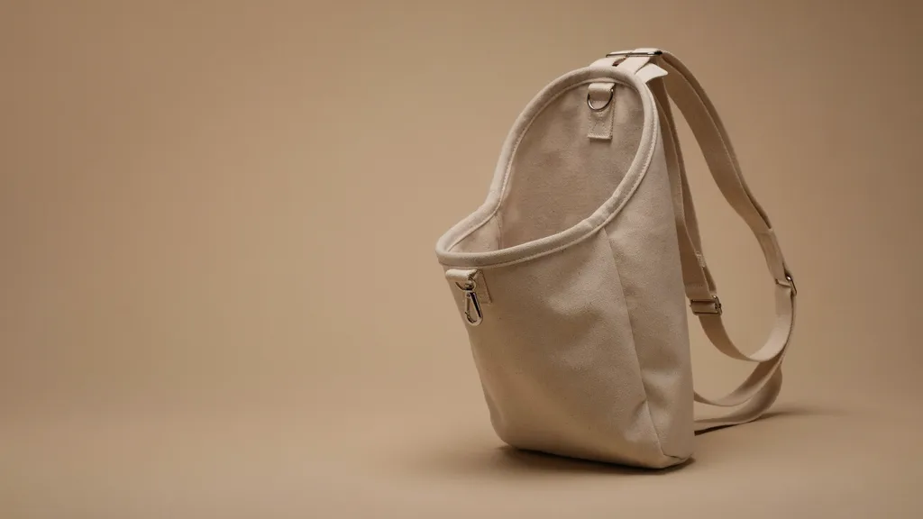 Sac bandoulière de transport beige en tissu doux, avec sa sangle réglable et son mousqueton, vu de trois quarts sur fond beige