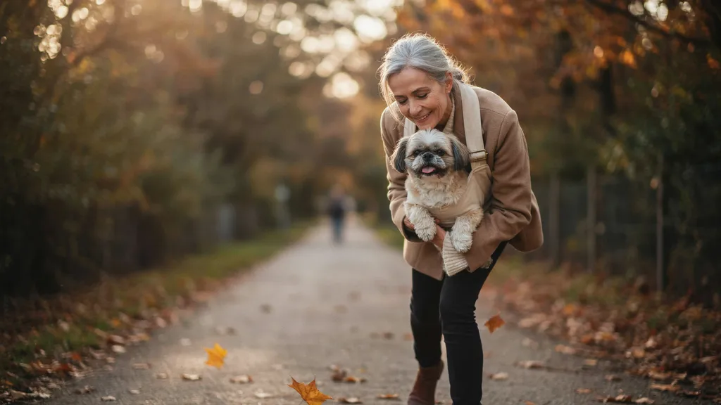 Une femme aux cheveux gris se penche avec son vieux shih tzu installé dans le sac bandoulière beige, sur un chemin couvert de feuilles mortes