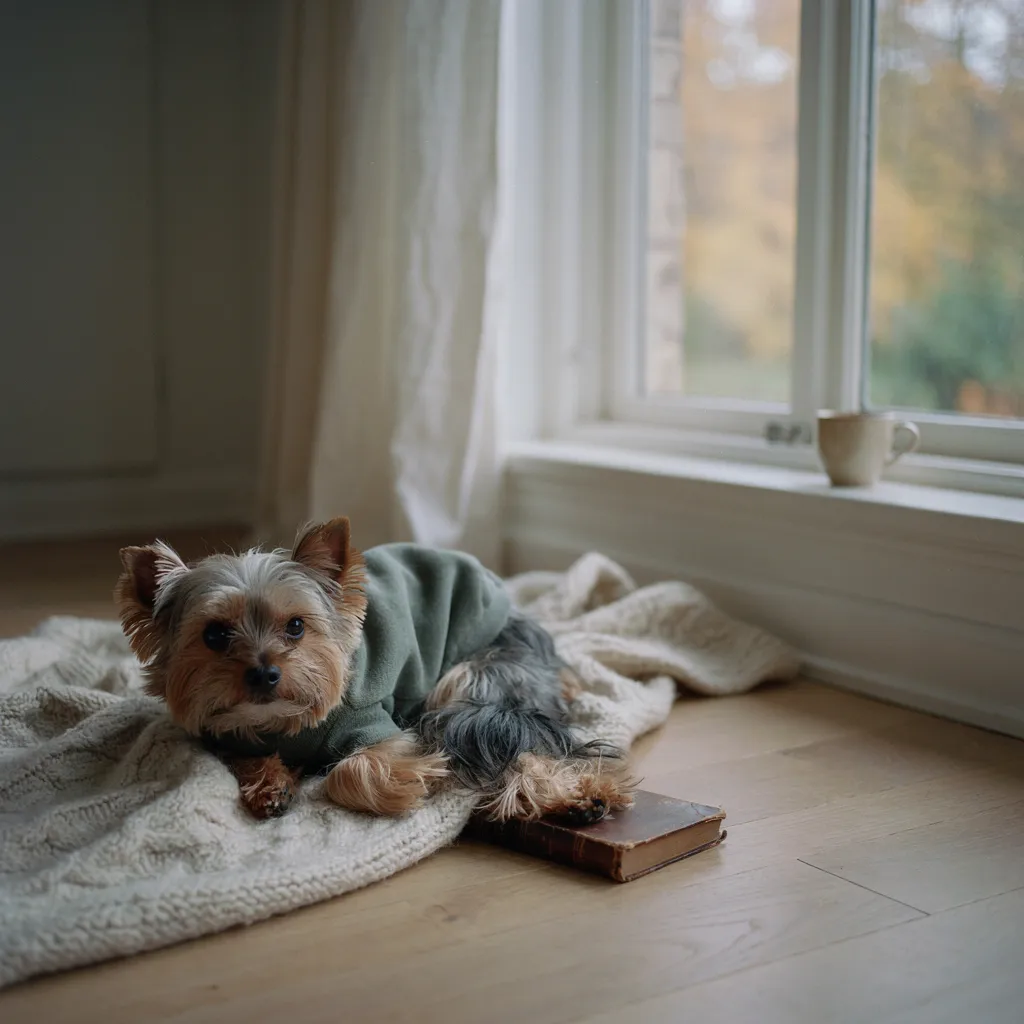 Un vieux yorkshire en pull polaire vert, couché sur un plaid en laine au pied d'une fenêtre donnant sur un jardin d'automne
