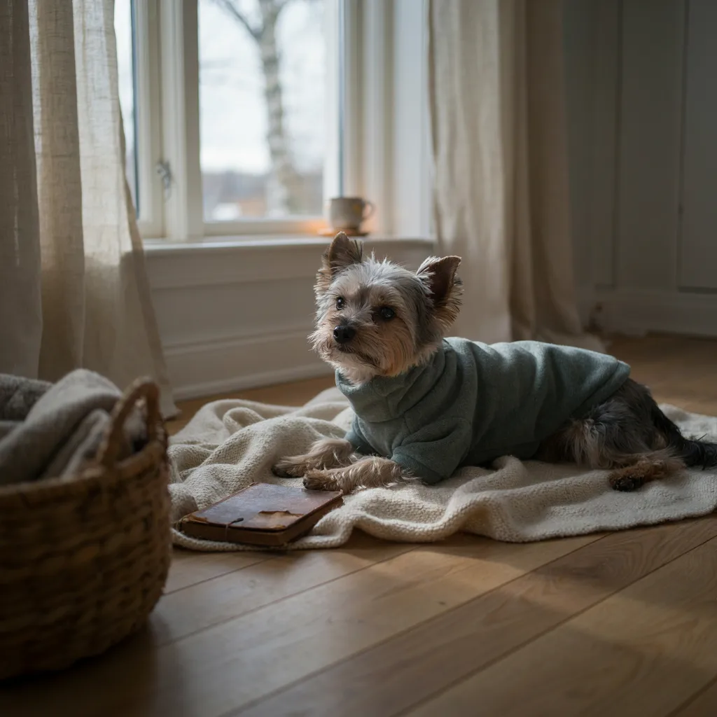 Un yorkshire âgé vêtu d’un pull polaire vert, allongé sur un plaid crème près d’une fenêtre en hiver
