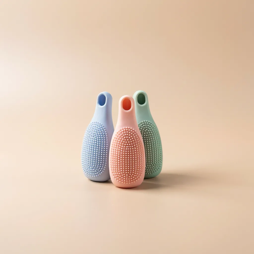 Trois brosses à dents doigtier en silicone, bleue, rose et verte, vues de face avec leurs picots arrondis, sur fond beige