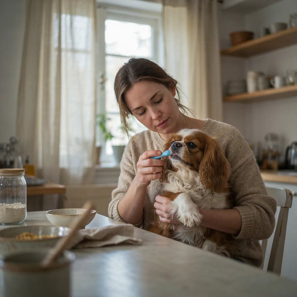 Une femme assise à la table de la cuisine tient contre elle son cavalier King Charles âgé et lui passe doucement une brosse à dents doigtier bleue sur les dents