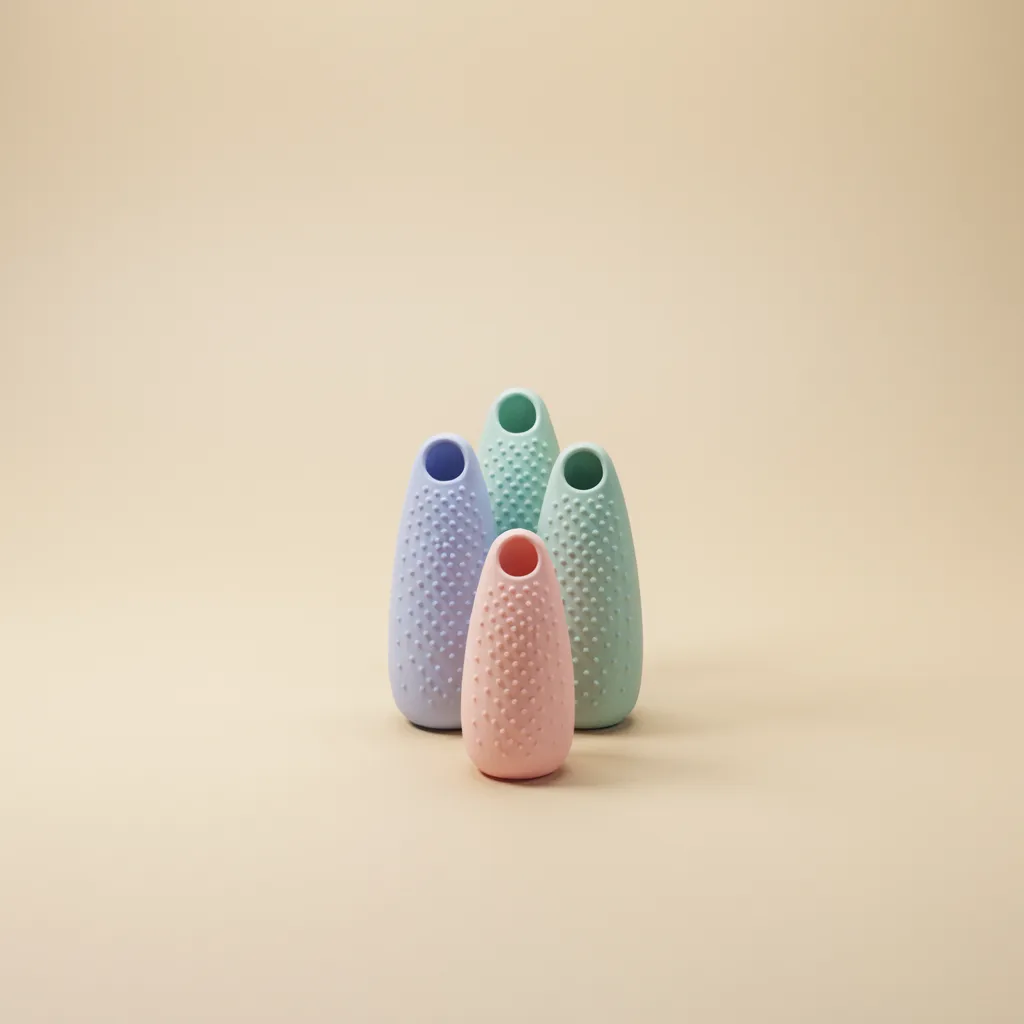 Brosses à dents doigtier en silicone souple de couleurs pastel, bleu, vert et rose, couvertes de picots arrondis, debout sur fond beige