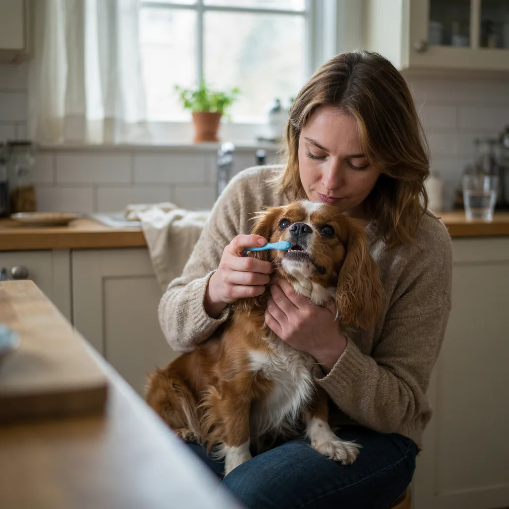 Un vieux cavalier King Charles installé sur les genoux de sa maîtresse, qui soulève sa babine pour lui brosser les dents avec un doigtier bleu, dans une cuisine lumineuse