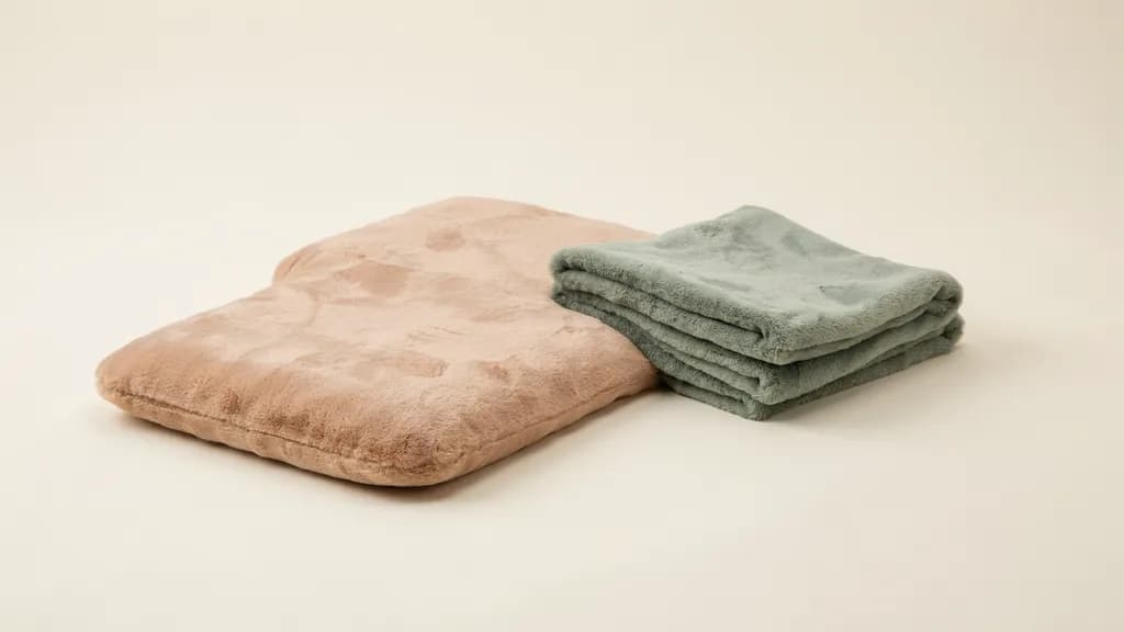 Tapis de couchage en flanelle beige rosé posé à plat à côté d'un tapis vert sauge plié, montrant leur toucher moelleux, sur fond crème