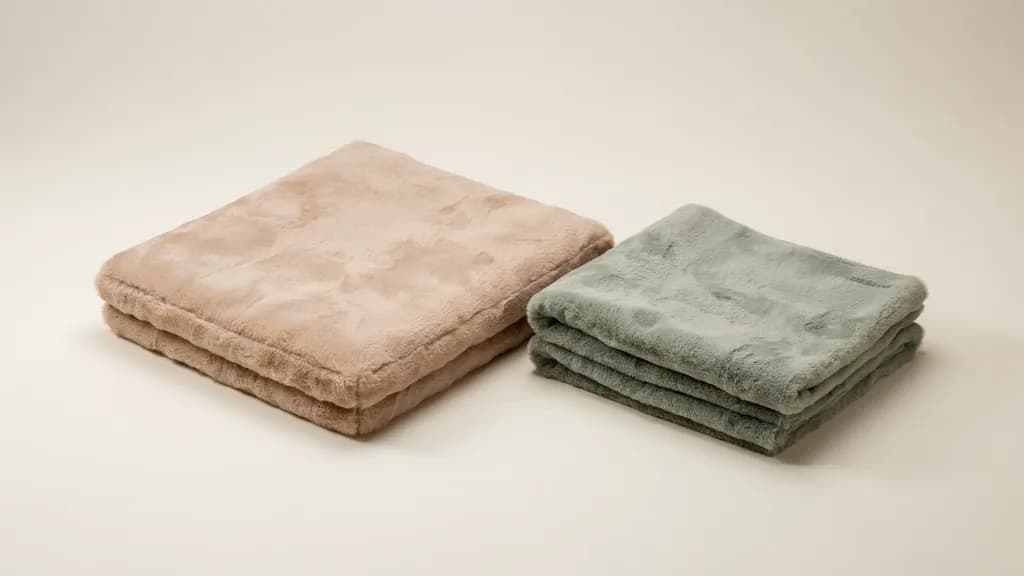 Deux tapis de couchage en flanelle douce pliés côte à côte, un beige rosé et un vert sauge, sur fond crème