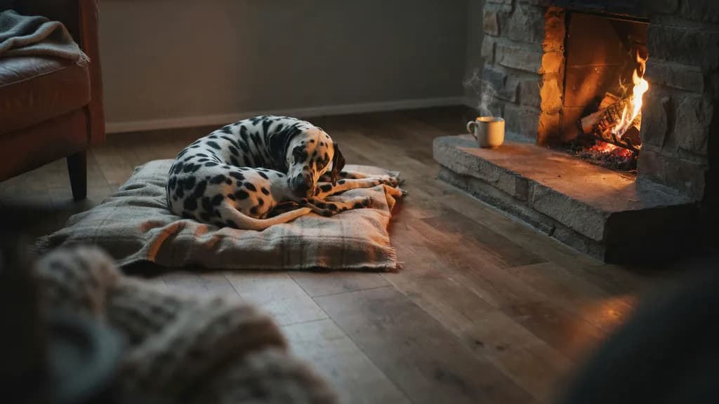 Un dalmatien âgé endormi en boule sur un tapis de couchage doux à carreaux, posé sur le parquet près d'une cheminée allumée