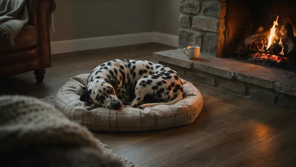 Un vieux dalmatien roulé en boule dans un couchage moelleux à carreaux beiges, au coin du feu dans un salon chaleureux