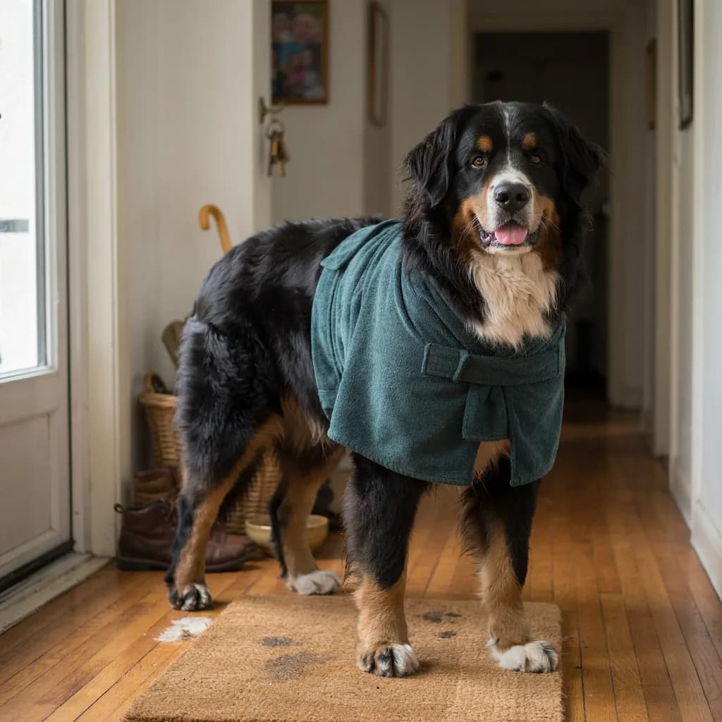 Un vieux bouvier bernois en peignoir de séchage vert sur un paillasson, à côté de bottes et d'un parapluie, dans une entrée lumineuse