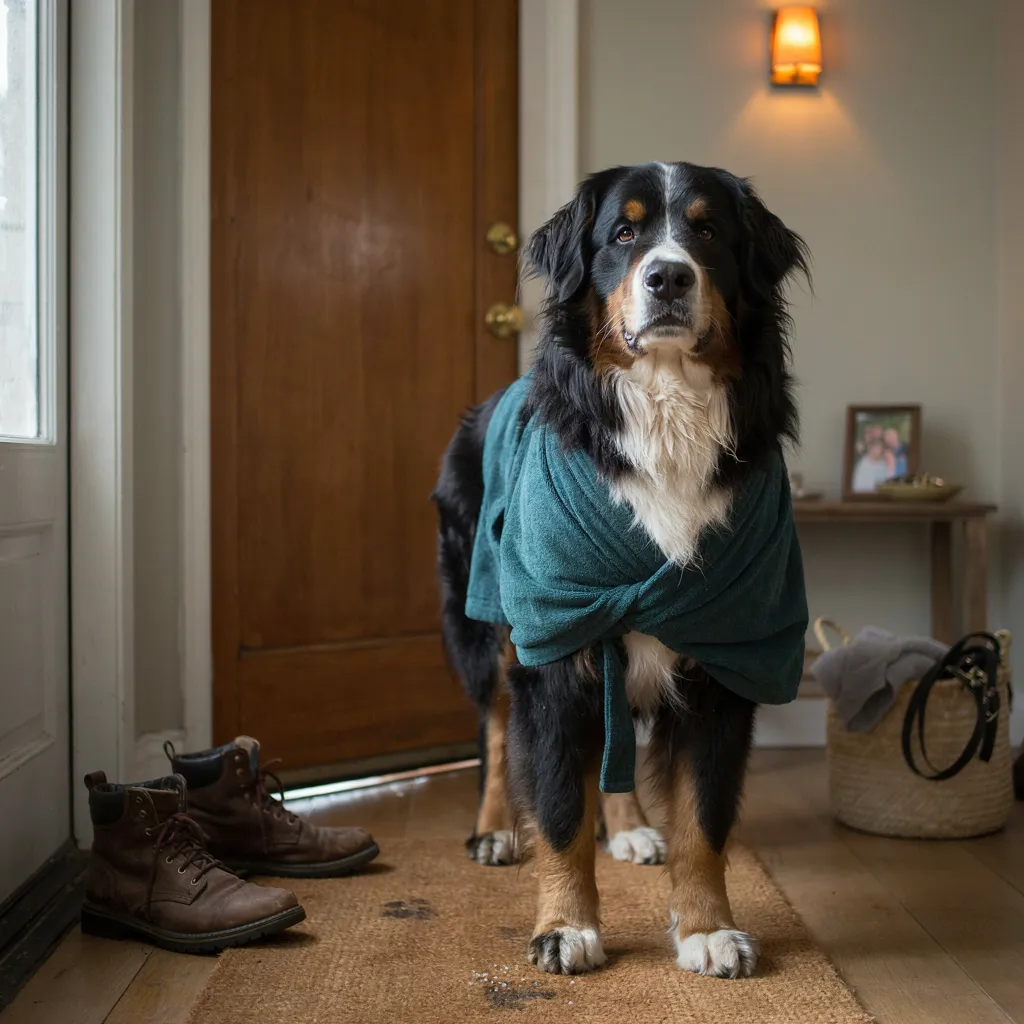 Un bouvier bernois senior debout devant la porte d'entrée, un peignoir de séchage vert posé sur le dos et noué sous le poitrail