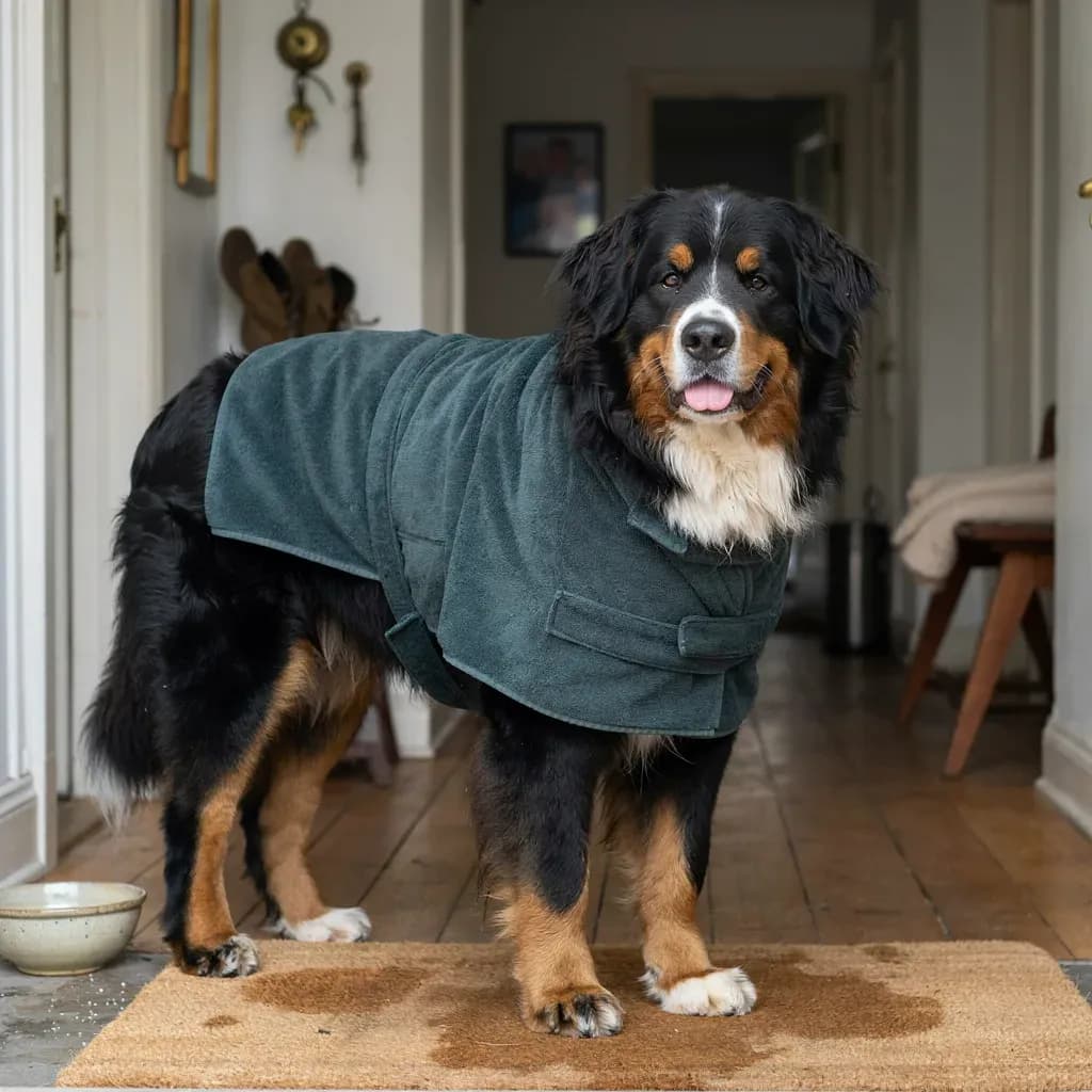 Un bouvier bernois âgé dans un couloir au parquet ancien, enveloppé dans un peignoir en microfibre vert fermé au poitrail