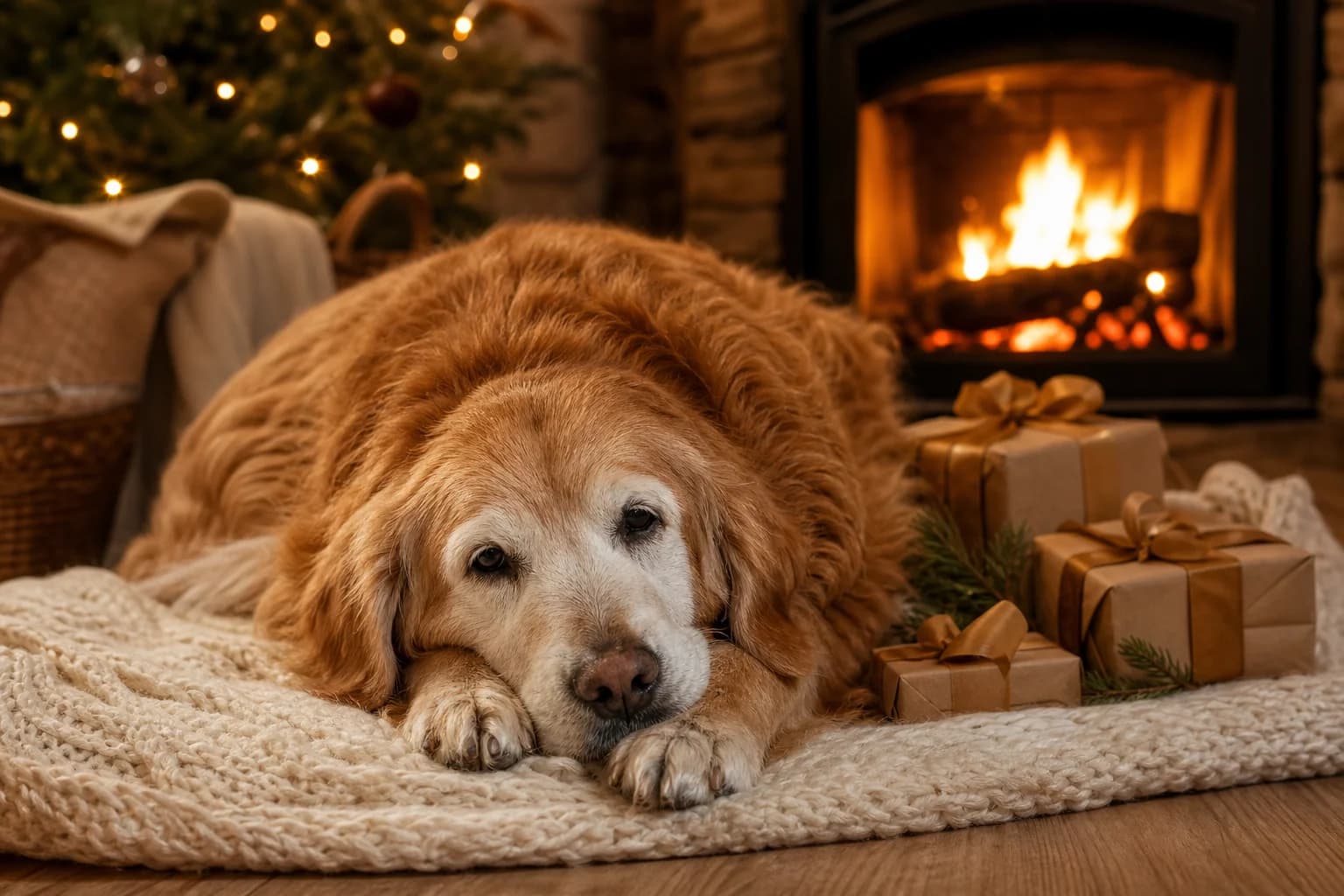 Un vieux golden retriever au museau gris allongé sur un plaid près de la cheminée, à côté de petits cadeaux de Noël emballés