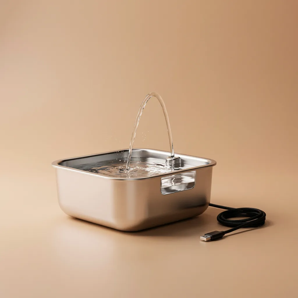 Fontaine à eau en inox en marche, un jet d'eau en arc retombant dans le bac, câble USB visible, sur fond beige