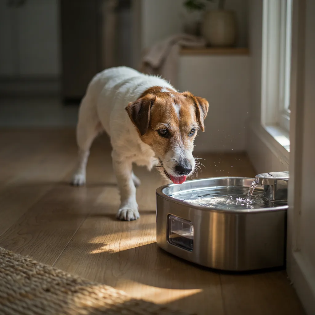 Un jack russell boit l'eau fraîche qui coule d'une fontaine en inox posée sur le sol de la maison