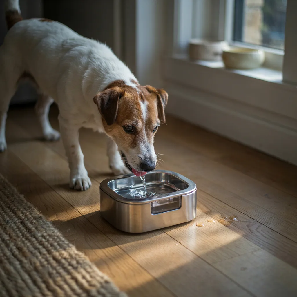Un jack russell penché sur une fontaine à eau en inox, vu sous un autre angle, en train de boire