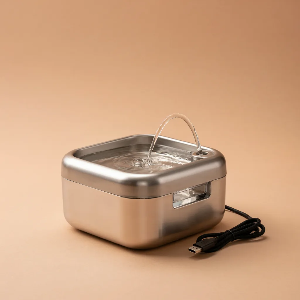 Fontaine à eau en inox 2,2 L avec sa fenêtre de niveau et son câble USB, vue de trois quarts sur fond pêche